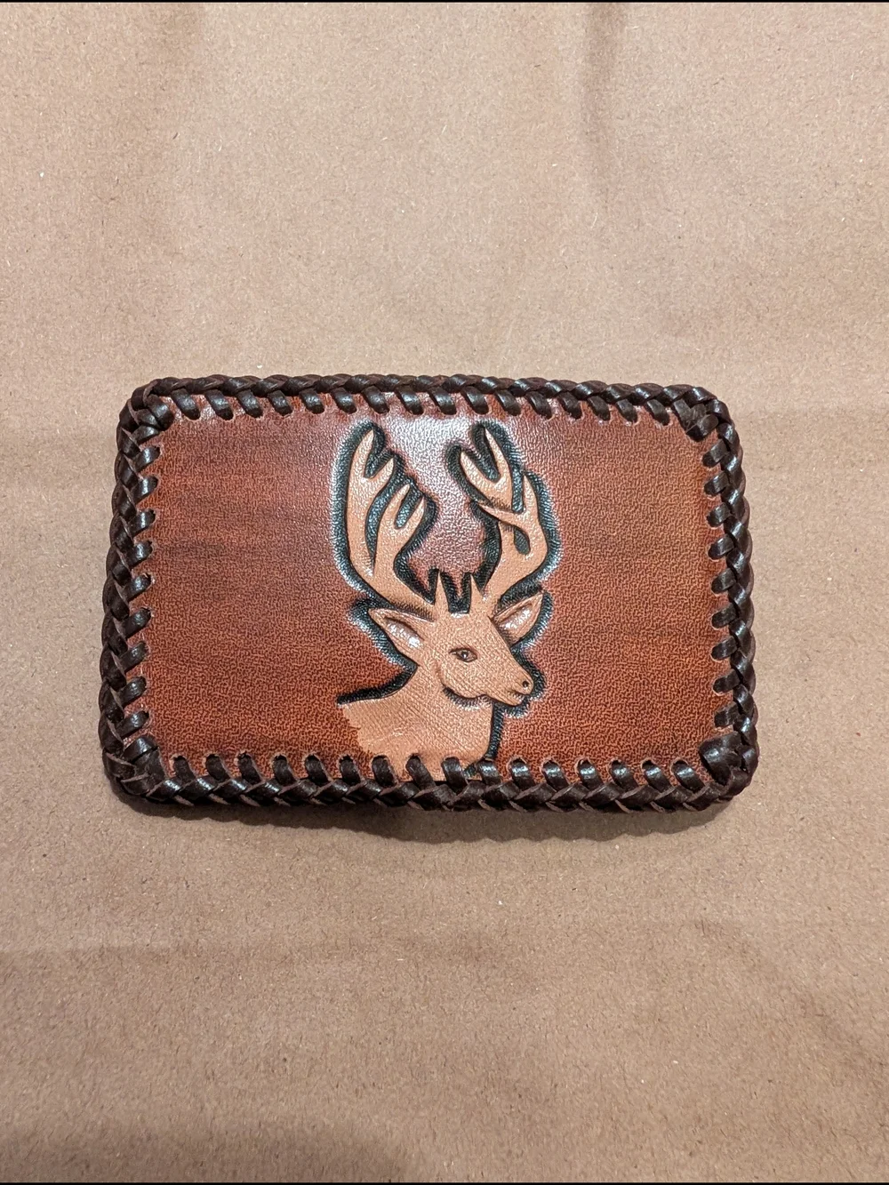 Brown Leather Belt Buckle with Deer Embossing